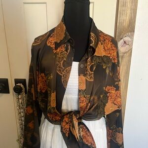 Acoa Satin Button Down Floral Satin Shirt Whimsigoth Rich Aunt Mob Wife Boho